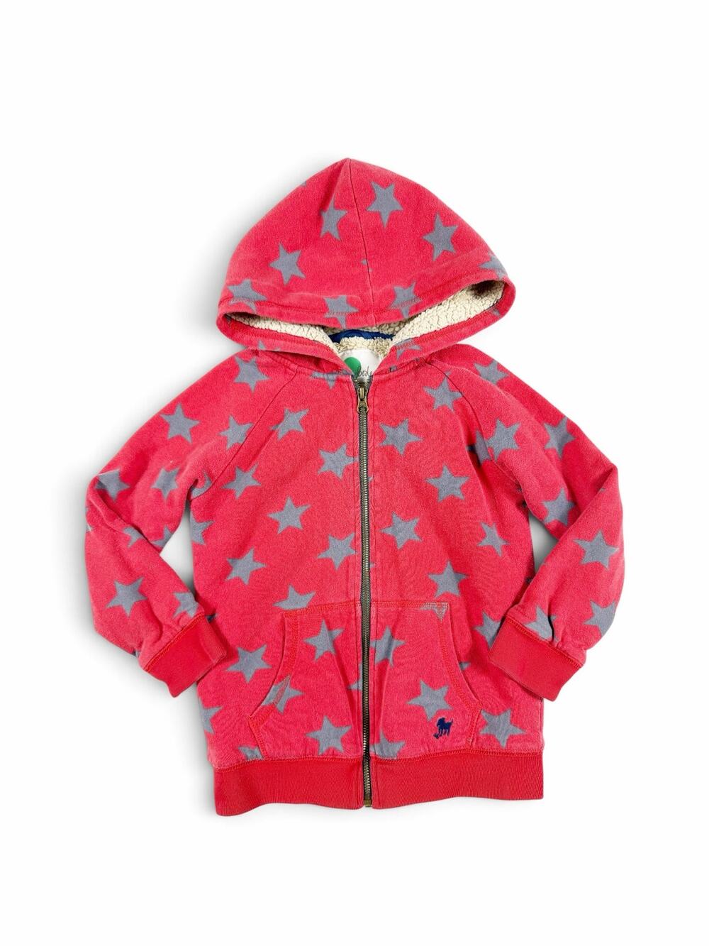 Mini Boden Sherpa Lined Zip Hoodie Red Gray Star Print Size 6-7